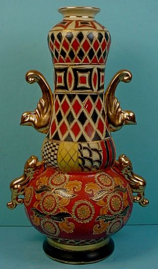 Large Vintage Chinese Polychrome Enamel Porcelain Double Gourd Vase