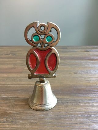 Vintage Mid Century Stained Glass Brass Owl Bell