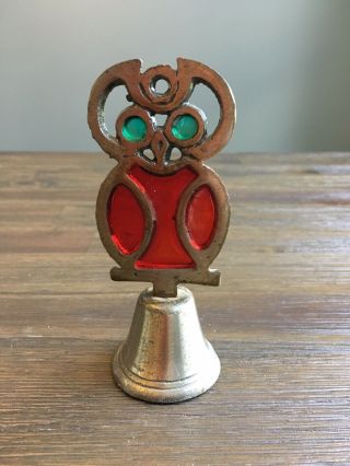 Vintage Mid Century Stained Glass Brass Owl Bell 2