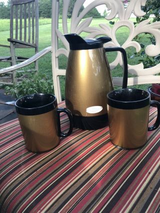Vintage Thermo Serv Insulated Black And Gold Coffee Carafe & 2 Mugs