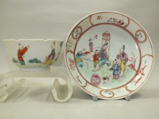 18thc Chinese Porcelain Tea - Bowl & Saucer With Figural Decor (not Matching)
