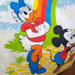 Vintage Disney Mickey Mouse Donald Duck Pluto Rainbow Twin Flat Sheet