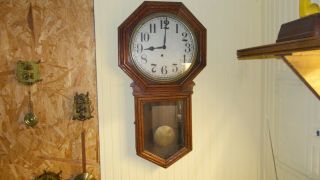 Antique Ingraham Oak Octagon Long Drop School House Regulator Wall Clock
