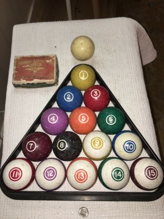 Complete Vintage Billiard (pool) Ball Set W/cue And Vintage Box Of Chalk (full)
