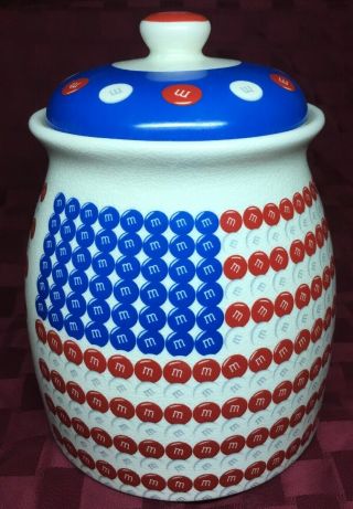 Vintage 9 3/4” M&m Cookie Jar American Flag Usa Crackled Glaze With Lid Mars