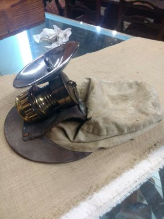 Vintage Coal Miners Cloth Canvas Leather Cap Hat w/Carbide Light 3