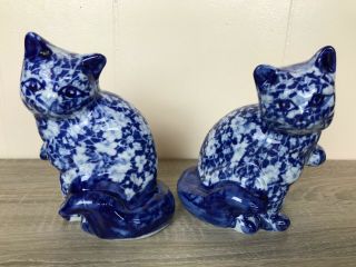 Vintage Ceramic Cat Figurines Cobalt Delft Blue Floral Flower Pattern