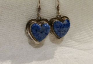 Vtg Native American Sterling Silver & Lapis Lazuli Heart Drop Dangle Earrings