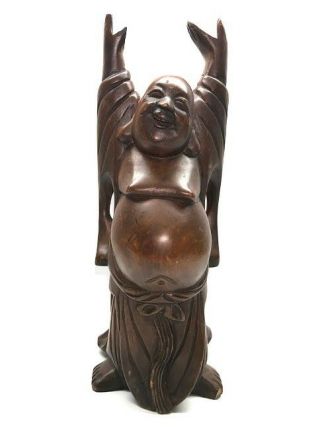 Vintage Happy Buddha Carved Wood Figurine Arms Up Figure Lucky Wealth God