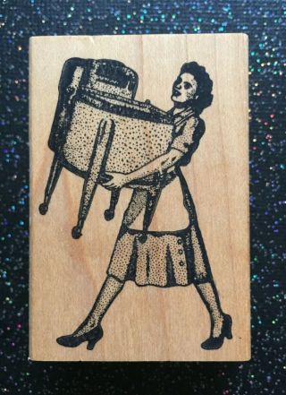 Vintage Rubber Stamp " Woman With Washing Machine " By Ken Brown 2 1/2 X 1 3/4 "