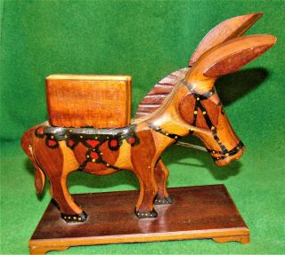 Antique Vintage Carved Wood Wooden Folk Art Cigarette Dispenser Donkey Mule Work