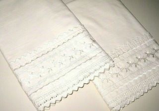 Vintage Solid Cream Cotton King Size Pillowcases Eyelet Lace Opening Made In Usa