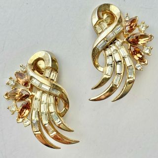 Signed Crown Trifari Vtg Amber Marquise Baguette Rhinestone Flower Earrings 624