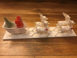 Vintage Irwin Plastic Santa Claus In Sleigh With 4 Reindeer Christmas Decoration