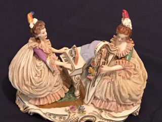 Volkstedt Antique Dresden Porcelain Ladies Playing Piano And Harp.  Germany 1762
