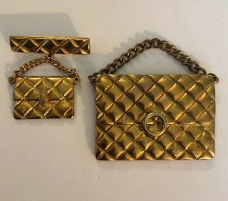Set Of 2 Vintage Hand Bag Purse Pins,  Gold Tone Quilted