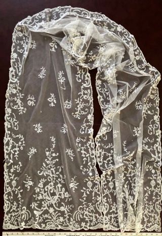Long Victorian Brussels Bobbin Lace Applique Stole Or Veil - Costume