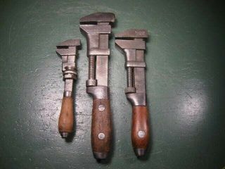 Old Vintage Mechanics Tools Wood Handled Adjustable Wrenches Group