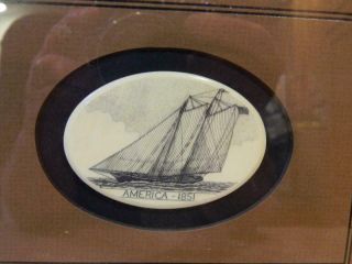 Stephen Barlow Scrimshaw Ship " America 1851 " Vegetable Iv0ry Framed Vintage [b]