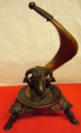 One Of Kind,  Antique Big Horn Sheep Statue With Real Sheep Horn And Brass Unique