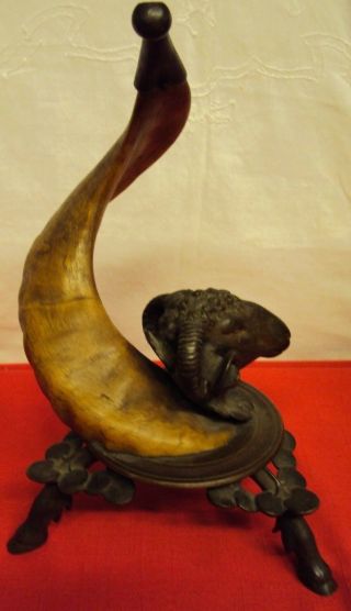 One of Kind,  Antique Big Horn Sheep Statue with real Sheep Horn and brass Unique 3