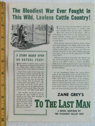 Zane Grey Promotional Book Flyer For " To The Last Man "