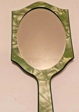 Vintage Green Celluloid Bakelite Hand Held Vanity Mirror Glass
