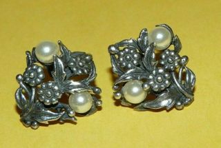 Vintage " 925 " Sterling Silver W/ Faux Pearl Ornate Floral Flower Design Earrings