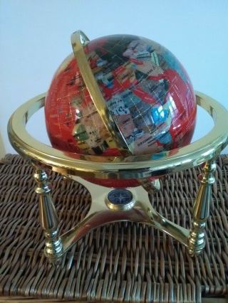 Red Gemstone Globe In Brass Stand With Compass