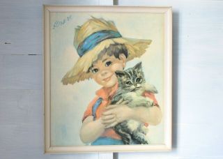 Vintage Kitsch Big Eyes John Strevens Strev Framed Print Little Boy & Kitten 60s