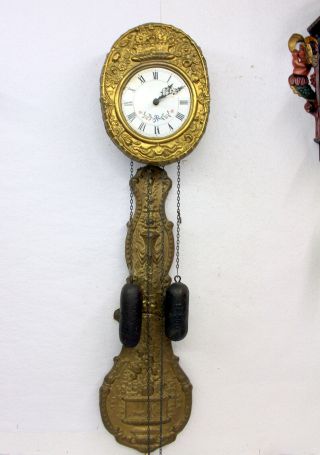 Old Wall Clock Mini Comtoise 2 Weight Chimes Clock In Brass
