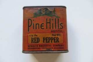 ANTIQUE 1900 ' S Pine Hills RED PEPPER TIN CONTAINER,  Schultz Brothers.  vtg 3