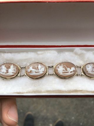 Vintage Antique Shell Cameo Bracelet In Sterling Silver Box.