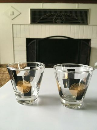 Set Of 2 Mid Century Atomic Starburst Black Gold Shot Glass 2.  75 "