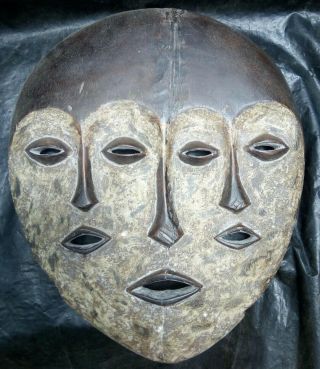 Antique Lega Tribe 3 Faces Mask Drc Africa Primitive Wood Art Congolese Carved