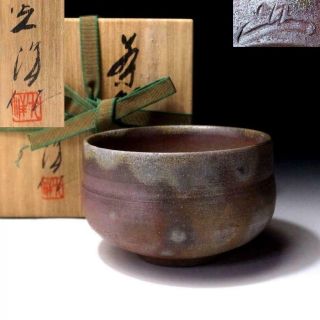 Pp19: Vintage Japanese Pottery Tea Bowl,  Bizen Ware With Signed Wooden Box