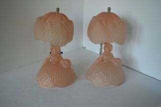 Antique Art Deco Frosted Glass Table Lamps Lady Pink Pair