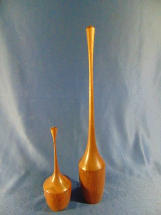 2 Vintage Mcm Teak Wood Sculptures 5 " & 11 1/2 " High Medium Wood Tone Bud Vase
