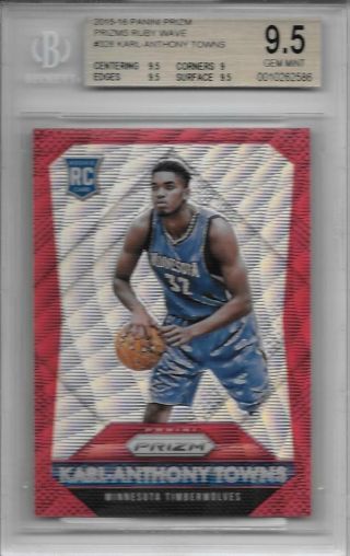 2015 - 16 Karl Anthony Towns Panini Prizms Ruby Wave Rc - Bgs 9.  5 Gem 336/350