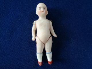 Antique Small Bisque German Doll,  Moveable Arms Legs,  No Wig Painted Shoes Socks