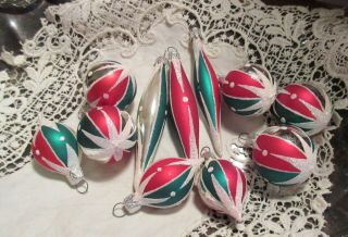 10 Vintage Glass Christmas Ornaments Small Feather Tree Red Green Silver Stencil