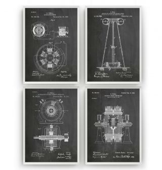Tesla Patent Prints - Set Of 4 - Engineer Poster Wall Art Decor Gift - Unframed