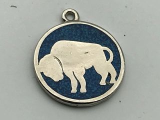 Silver Tone,  Blue Bison Buffalo Charm Pendant Medal A9