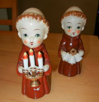 2 Vintage Christmas Monks Porcelain Figurines Japan