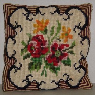 Vtg Needlepoint Pillow Completed Red Roses,  Yellow Daffodils Geometric Background