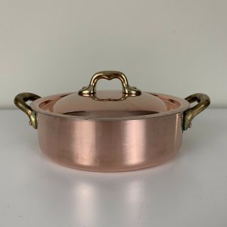 French Antique Vintage Copper Lidded 2 Handle Saute Pan Tin Lined Stamped 6 1/2 "