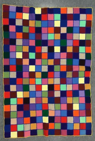 Charming Vintage Hand Loomed Woven Wool Afghan Blanket Multicolored Squares
