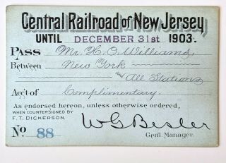 1903 Central Railroad Of Jersey Annual Pass Henry O Williams F T Dickerson
