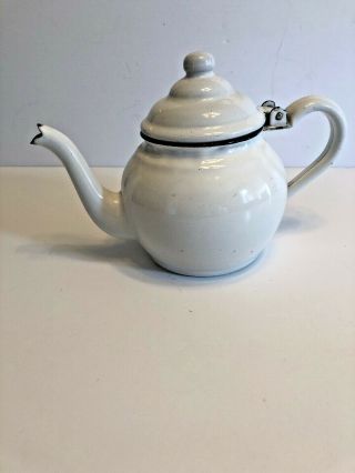 Vintage White With Blue Trim Metal Enamelware 6 " Teapot