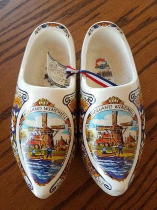 Vtg 1997 Dutch Holland Windmill Wooden Shoes Clogs Hand Painted - Holland W/